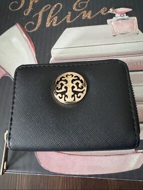 Black Women's Zip Wallet with Gold Medallion